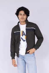 Olive jacket with Navy Blue and White patch details